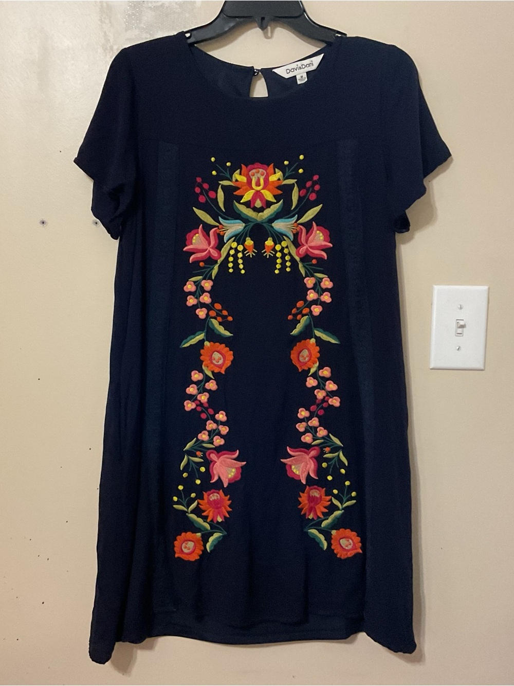 David Dani Navy Embroidered Floral Shift Dress Size M